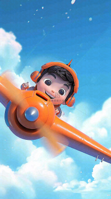 卡通少年男孩飞行飞机玩耍,可爱儿童节,天空白云 卡通少年男孩飞行飞机玩耍,可爱儿童节,天空白云