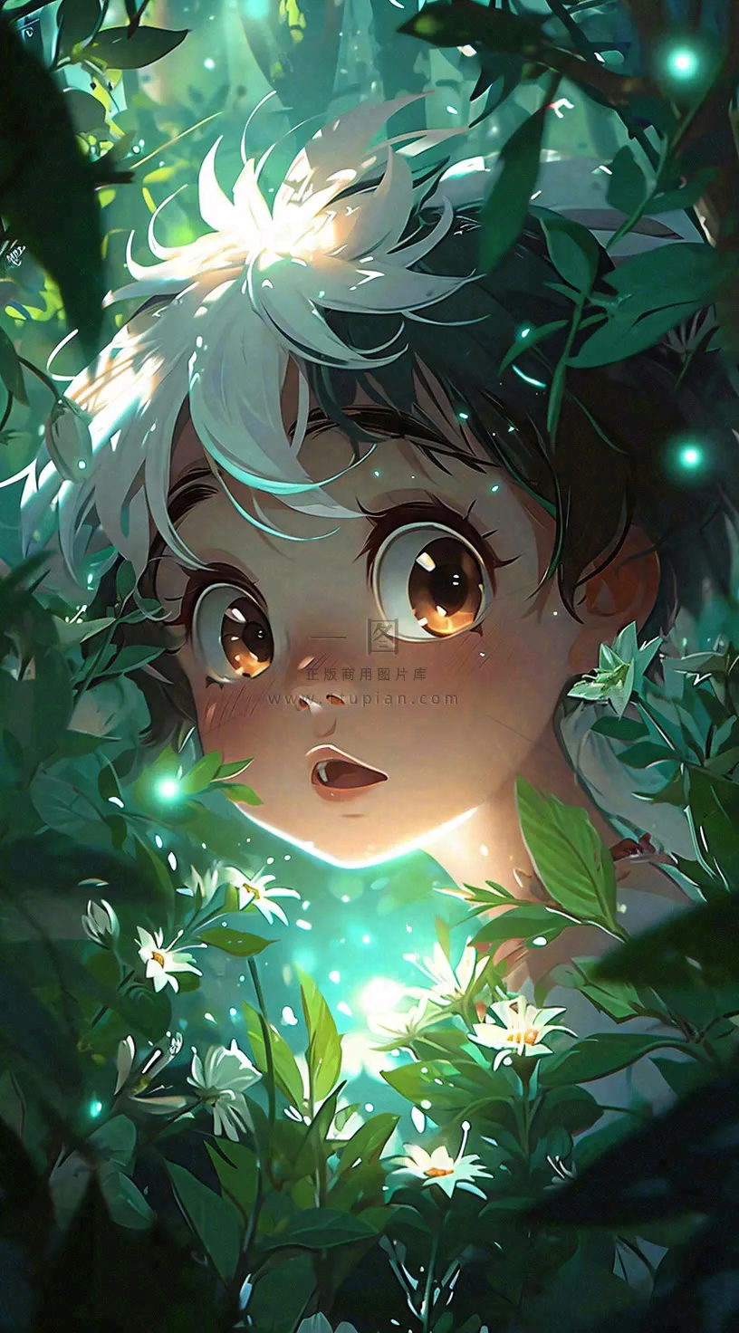 森林探险阳光绿叶男孩儿童,玩耍光照,插画手绘