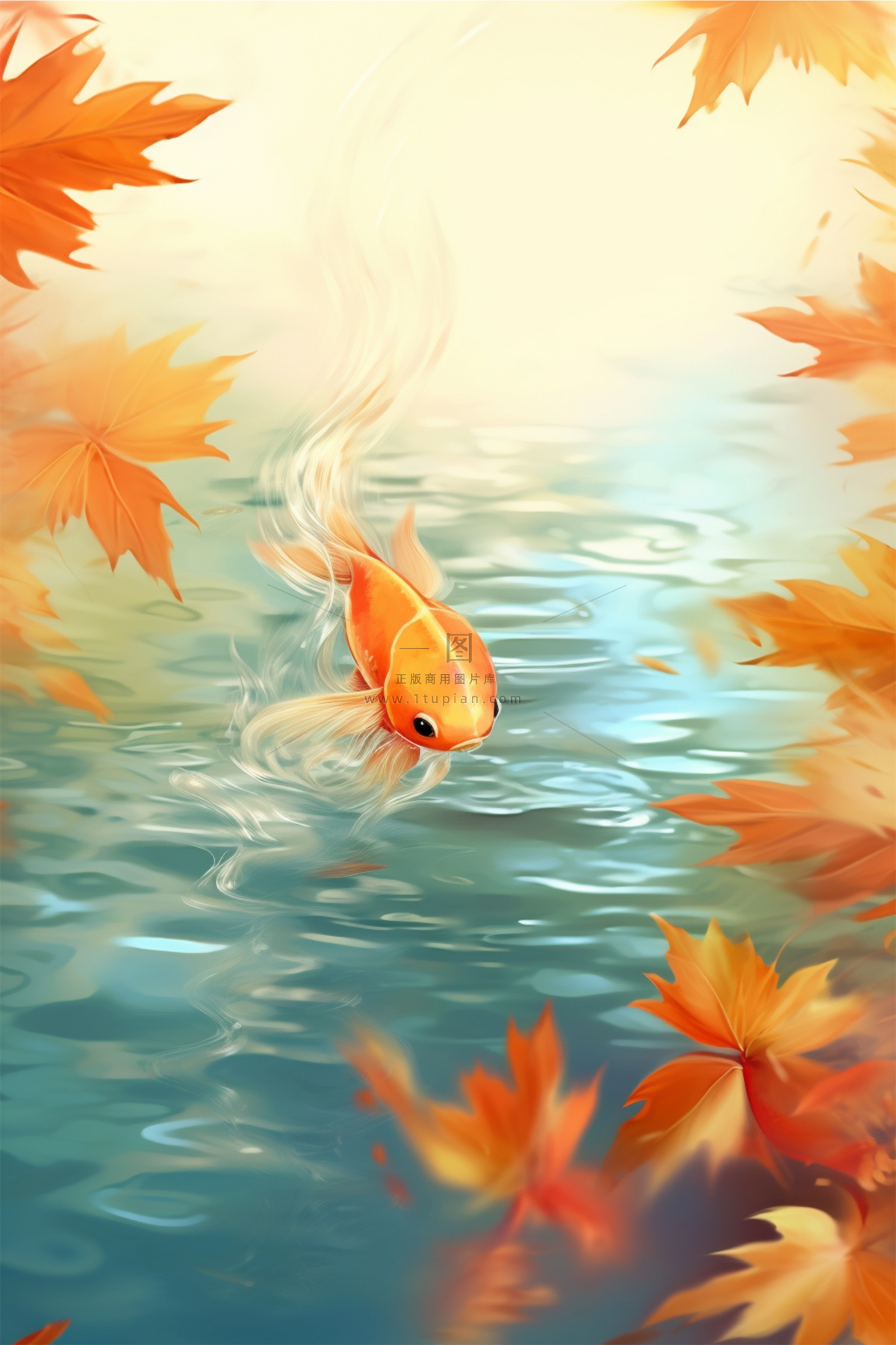 金鱼银杏叶金黄简约水面节气海报背景