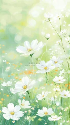 清新白色小花春天萌芽手绘,春分 清新白色小花春天萌芽手绘,春分