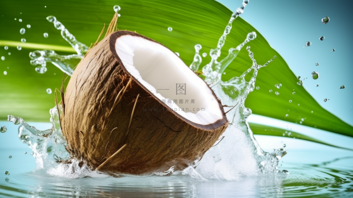 夏日椰子与水飞溅椰汁饮料摄影图