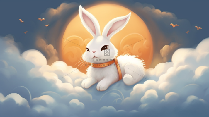 白兔趴着云朵上月亮中秋插画背景