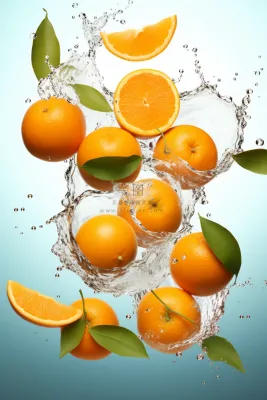橙子掉落水中新鲜水果摄影图