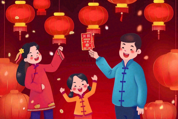 新年春节一家人出游红灯笼红包除夕元宵节红色卡通插画背景