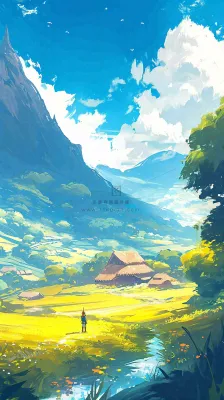 阳光春天细长流水山脉村庄小屋草坪,春分,旅行露营 阳光春天细长流水山脉村庄小屋草坪,春分,旅行露营