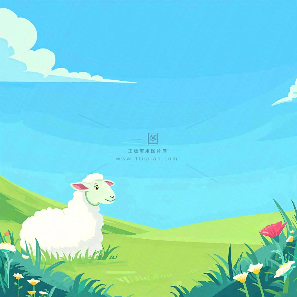 春天清新蓝天白云草地绵羊花朵扁平插画手绘