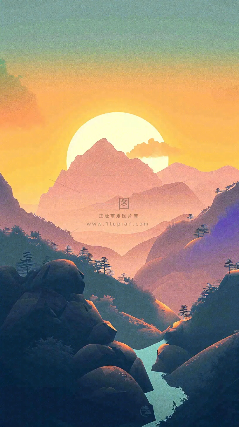 落日山脉河流小溪扁平手绘插画,旅行游玩登山郊游