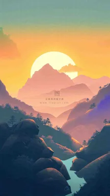 落日山脉河流小溪扁平手绘插画,旅行游玩登山郊游 落日山脉河流小溪扁平手绘插画,旅行游玩登山郊游