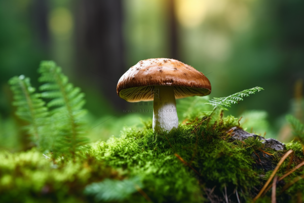 生长在苔藓的蘑菇摄影图