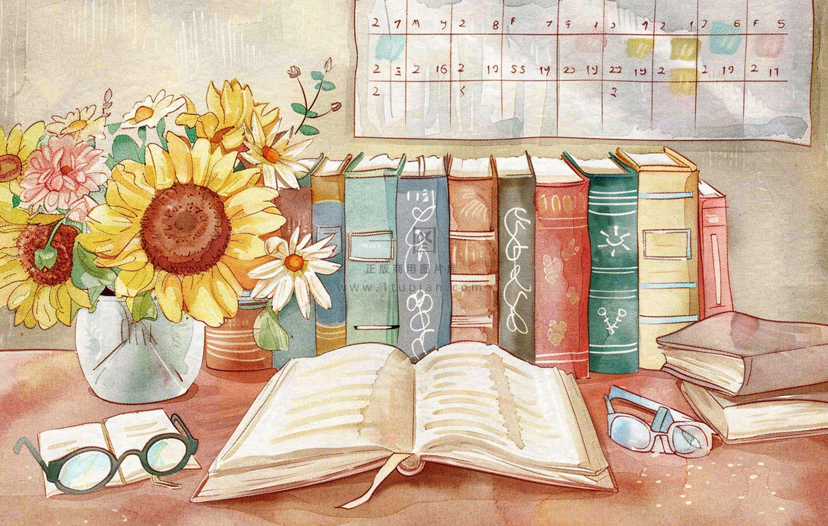 教师节办公桌向日葵备课老师水彩插画背景