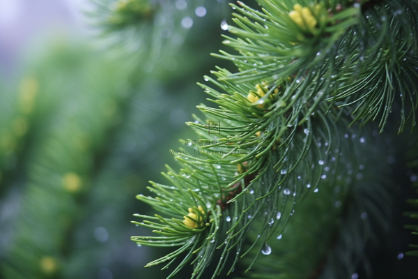 雨天松树松枝上挂满了水珠摄影图

