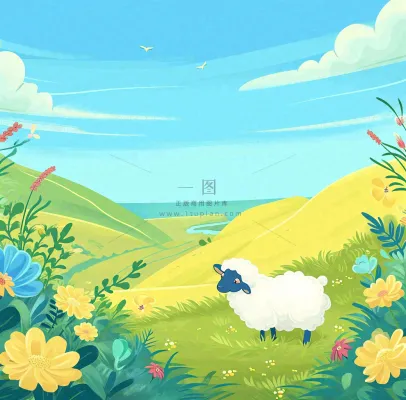 卡通手绘绿色春天草地鲜花花朵绵羊