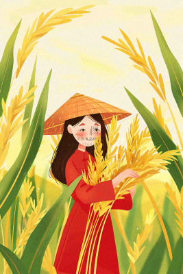 丰收季女孩抱着麦穗金黄的小麦稻穗农田芒种小满秋分立秋卡通插画背景 丰收季女孩抱着麦穗金黄的小麦稻穗农田芒种小满秋分立秋卡通插画背景