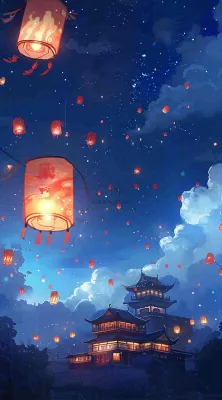 夜晚点灯孔明灯祈福中元节寒衣节插画背景 夜晚点灯孔明灯祈福中元节寒衣节插画背景