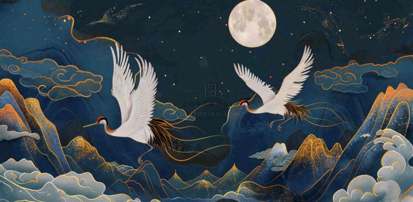 国潮山水中国风手绘祥云仙鹤插画古风唯美山水风景动物蓝金背景 国潮山水中国风手绘祥云仙鹤插画古风唯美山水风景动物蓝金背景