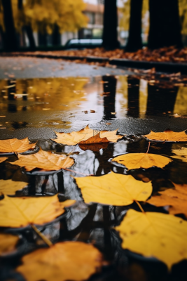 秋季雨天落叶在水坑道路摄影图