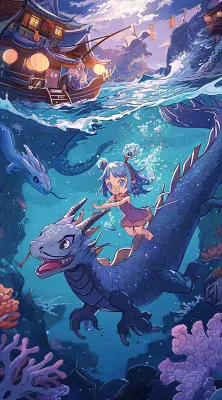 创意卡通古风河面人物游船,夜晚龙灯笼光照,海浪水面 创意卡通古风河面人物游船,夜晚龙灯笼光照,海浪水面