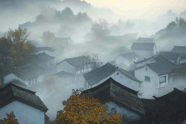 江南风景屋檐瓦舍雾村庄山林摄影图