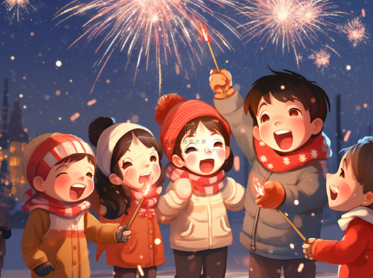 新年除夕放烟花爆竹的孩童庆祝新年喜庆卡通插画背景
