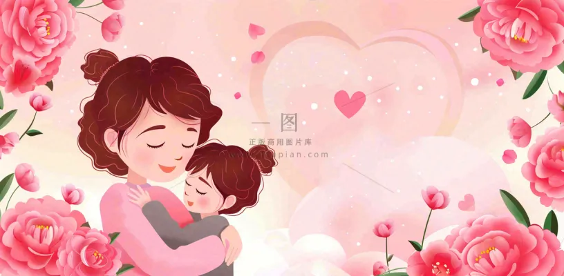 母亲节妈妈亲情抱着孩子鲜花光辉插画背景 母亲节妈妈亲情抱着孩子鲜花光辉插画背景