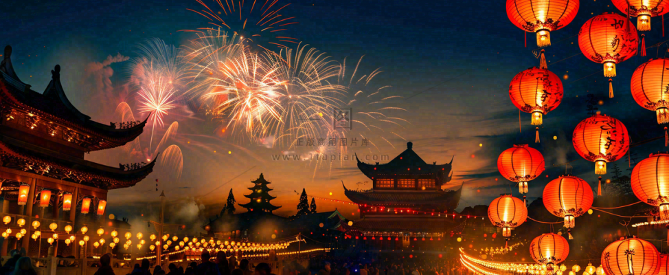 新年节日京城灯火灯笼烟花爆竹盛世国风小年除夕元宵节插画背景