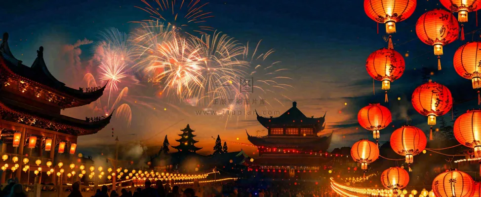 新年节日京城灯火灯笼烟花爆竹盛世国风小年除夕元宵节插画背景