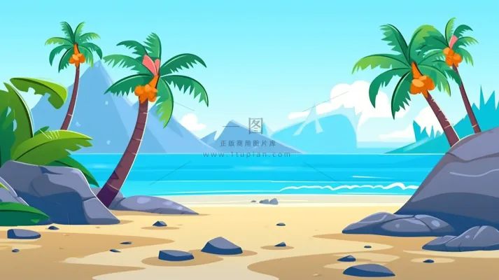 海边沙滩礁石椰树海岛卡通插画 背景