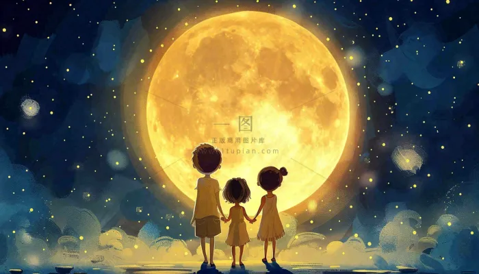 中秋满月小孩手拉手赏月治愈梦幻唯美月亮夜晚水彩插画背景