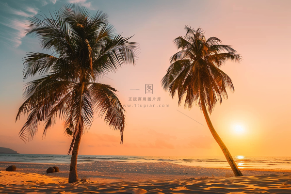 夏日海滩日落晚霞摄影图