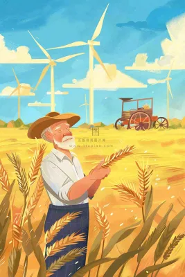 秋天农民伯伯秋收小麦丰收粮食金黄风车芒种立秋秋分卡通插画背景 秋天农民伯伯秋收小麦丰收粮食金黄风车芒种立秋秋分卡通插画背景