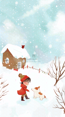 冬天雪山白雪地木屋女孩牵着狗游玩可爱卡通插画立冬大雪小雪背景