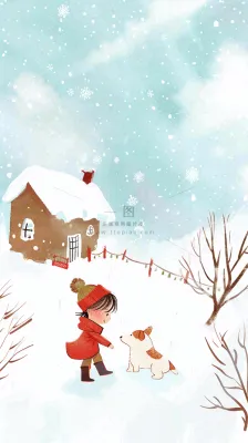冬天雪山白雪地木屋女孩牵着狗游玩可爱卡通插画立冬大雪小雪背景