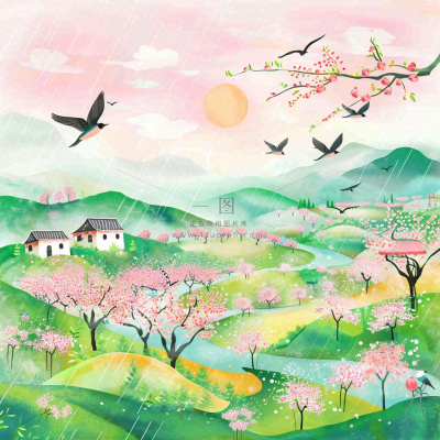 春天春分春暖花开江南山林桃花国画徽式建筑古风水墨插画背景 春天春分春暖花开江南山林桃花国画徽式建筑古风水墨插画背景