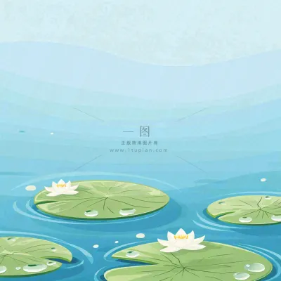 中国风夏日荷塘池白色荷花盛开手绘插画，立夏夏至大暑小暑