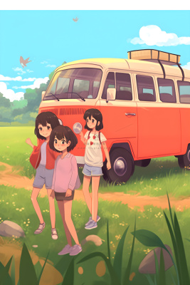 开车旅游草原花草人物卡通插画背景 开车旅游草原花草人物卡通插画背景