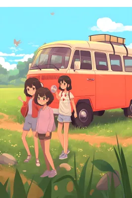 开车旅游草原花草人物卡通插画背景 开车旅游草原花草人物卡通插画背景