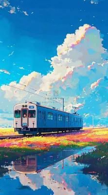 蓝天白云下草地河流高铁火车铁路手绘插画