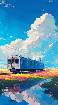蓝天白云下草地河流高铁火车铁路手绘插画 蓝天白云下草地河流高铁火车铁路手绘插画