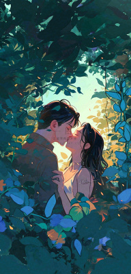 森林花丛里情侣拥抱亲吻爱情手绘插画，情人节