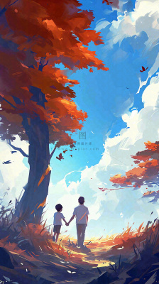 秋天红色秋叶树落叶温馨自然风景，立秋手绘插画