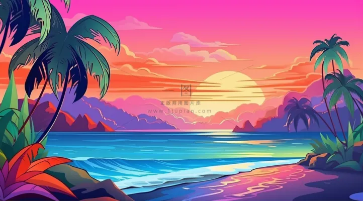 夏日海滩椰子树海浪卡通插画背景