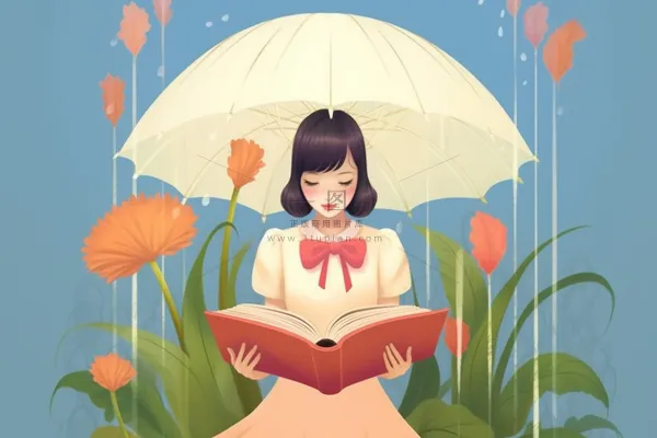 下雨天打伞的少女捧着书本绿植卡通插画素材