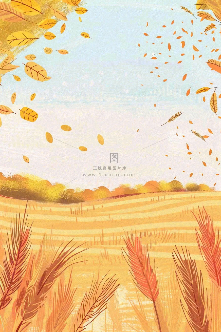 秋天金黄的麦田小麦黄树秋风丰收的季节立秋秋分卡通插画背景