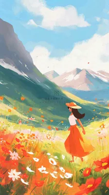春天山脉草坪花海上穿裙子的女孩油画手绘插画,清新浪漫,踏青春游 春天山脉草坪花海上穿裙子的女孩油画手绘插画,清新浪漫,踏青春游