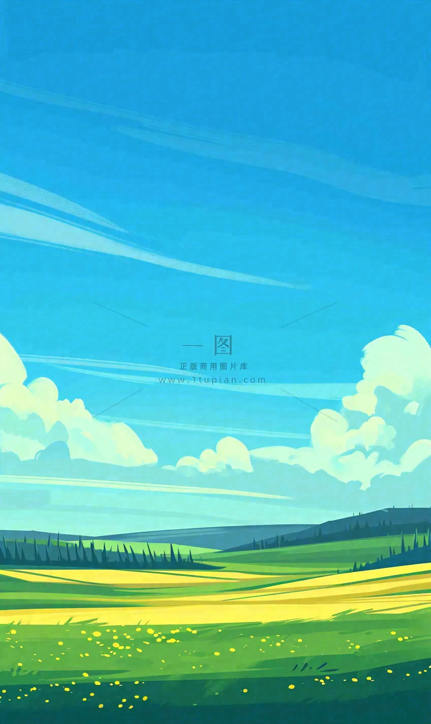 蓝天白云草地山脉插画手绘