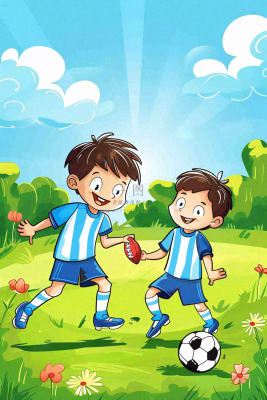 儿童学生草坪上踢足球运动竞技儿童节卡通插画背景