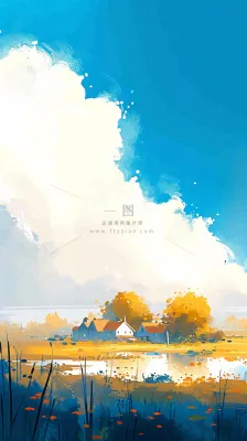 春天乡村河流倒影草地蓝天白云小屋手绘插画 春天乡村河流倒影草地蓝天白云小屋手绘插画