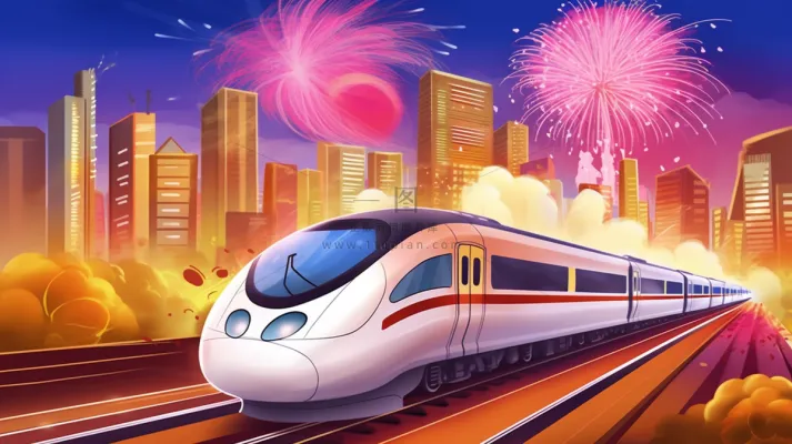 春节春运高铁轻轨列车开往回家的路科技卡通插画背景