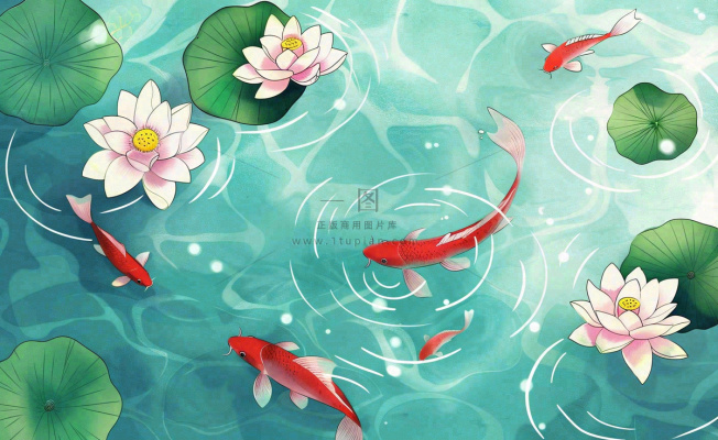 夏天荷花夏日荷塘背景水彩睡莲荷叶锦鲤鱼水彩立夏夏至大暑小暑卡通插画背景 夏天荷花夏日荷塘背景水彩睡莲荷叶锦鲤鱼水彩立夏夏至大暑小暑卡通插画背景