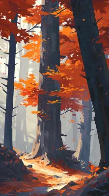 秋天红色秋叶树落叶温馨自然风景，立秋手绘插画